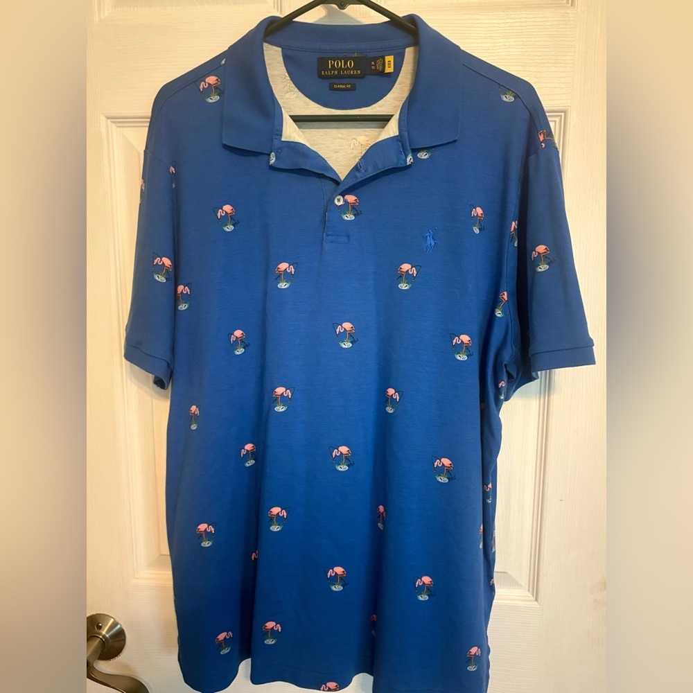 Polo Ralph Lauren Mens XL ALL-OVER FLAMINGO AOP Cotton Short Sleeve Polo Blue